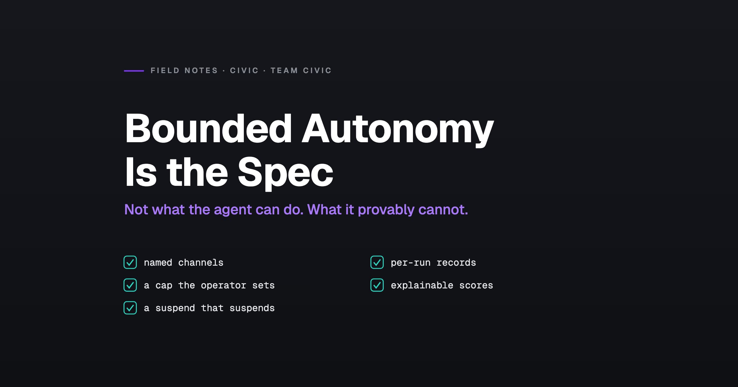 Bounded Autonomy Is the Spec. Five checks: named channels, a cap, a suspend that suspends, per-run records, explainable scores. Team Civic, Civic Field Notes.