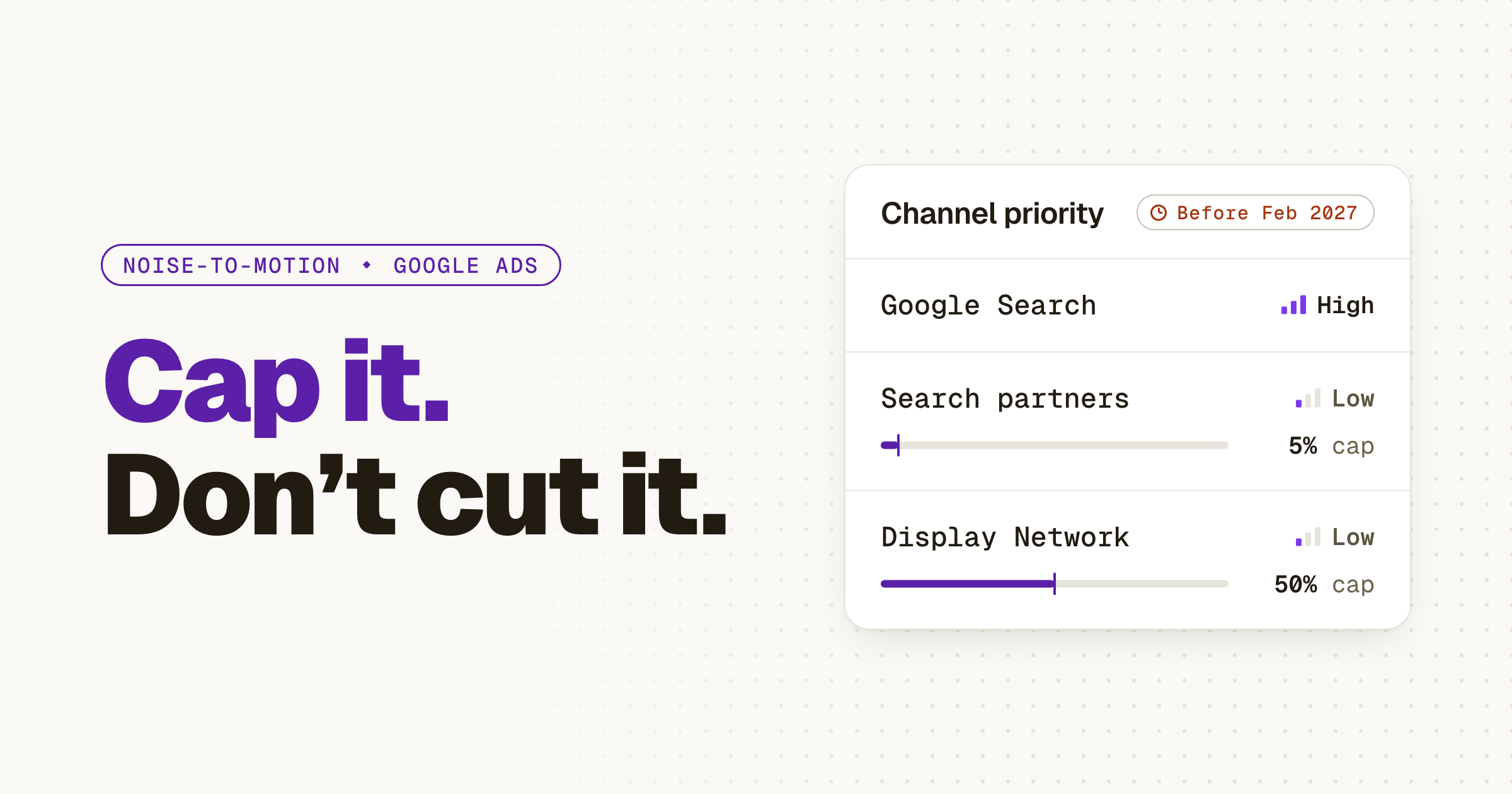 Light hero titled “Cap it. Don’t cut it.” beside a channel priority panel: Google Search set to High, Search partners set to Low with a 5% cap, and the Display Network set to Low with a 50% cap, stamped Before Feb 2027.