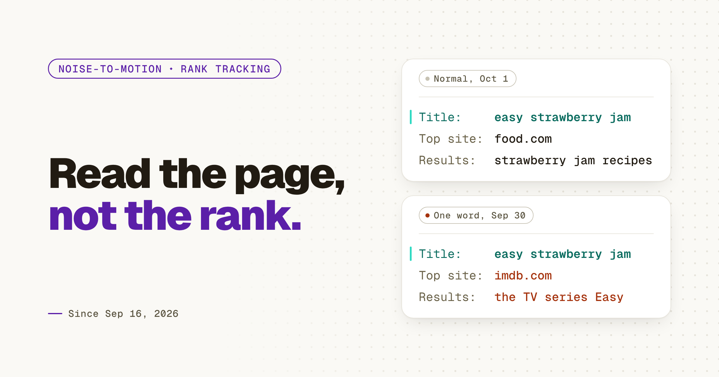 Light hero titled “Read the page, not the rank.” showing one tracked search for easy strawberry jam stored twice. Normal on Oct 1: title easy strawberry jam, top site food.com, results about strawberry jam recipes. One word on Sep 30: the same title, top site imdb.com, results about the TV series Easy. Since Sep 16, 2026.