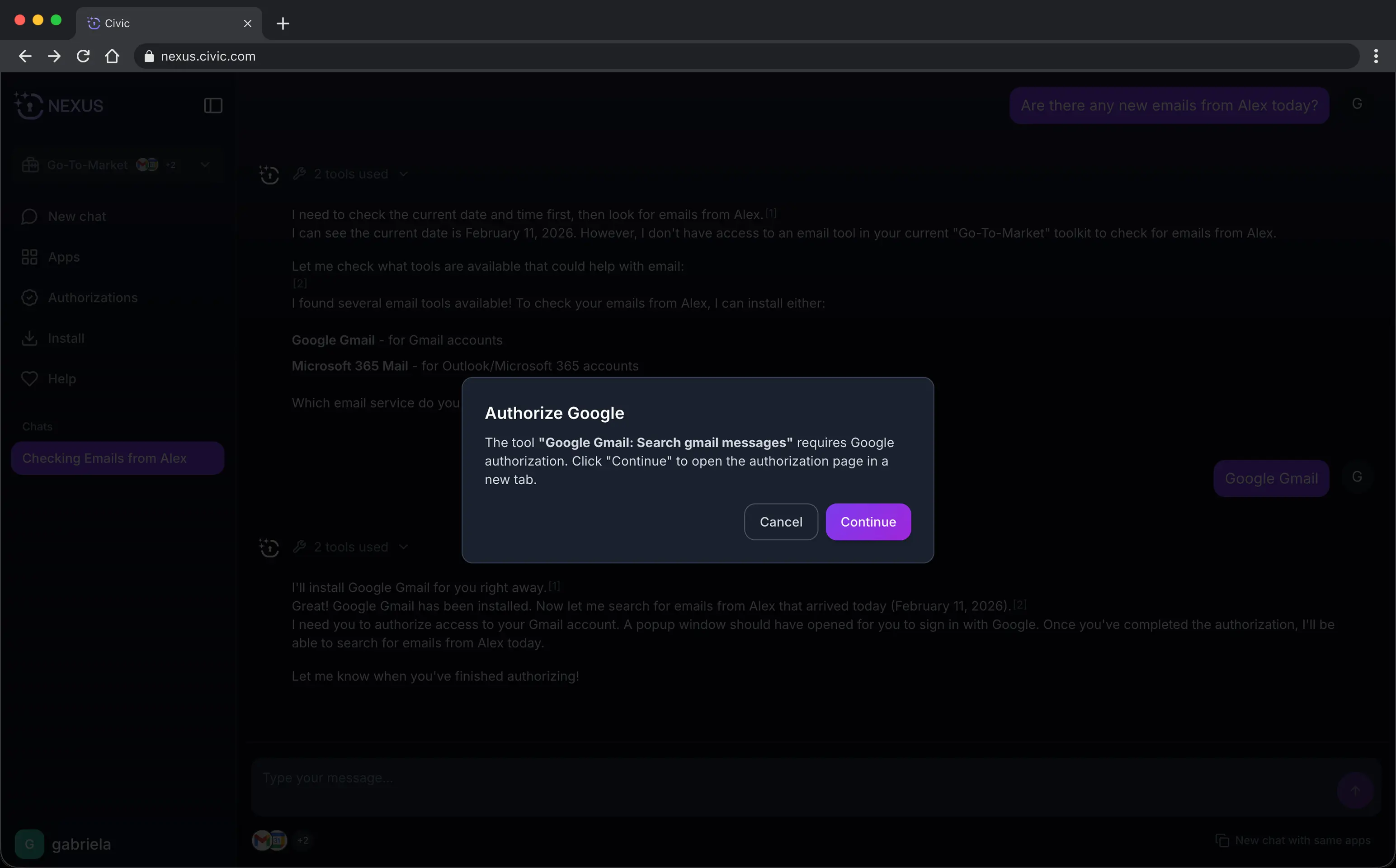 Screenshot of the app authorization flow in Civic