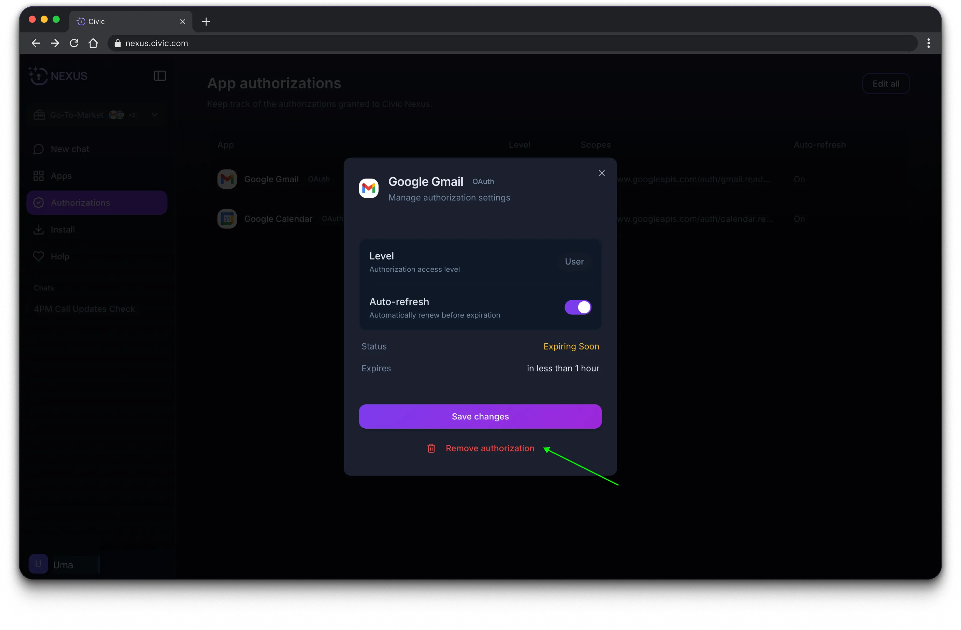 Screenshot of the Authorization tab showing connected apps
