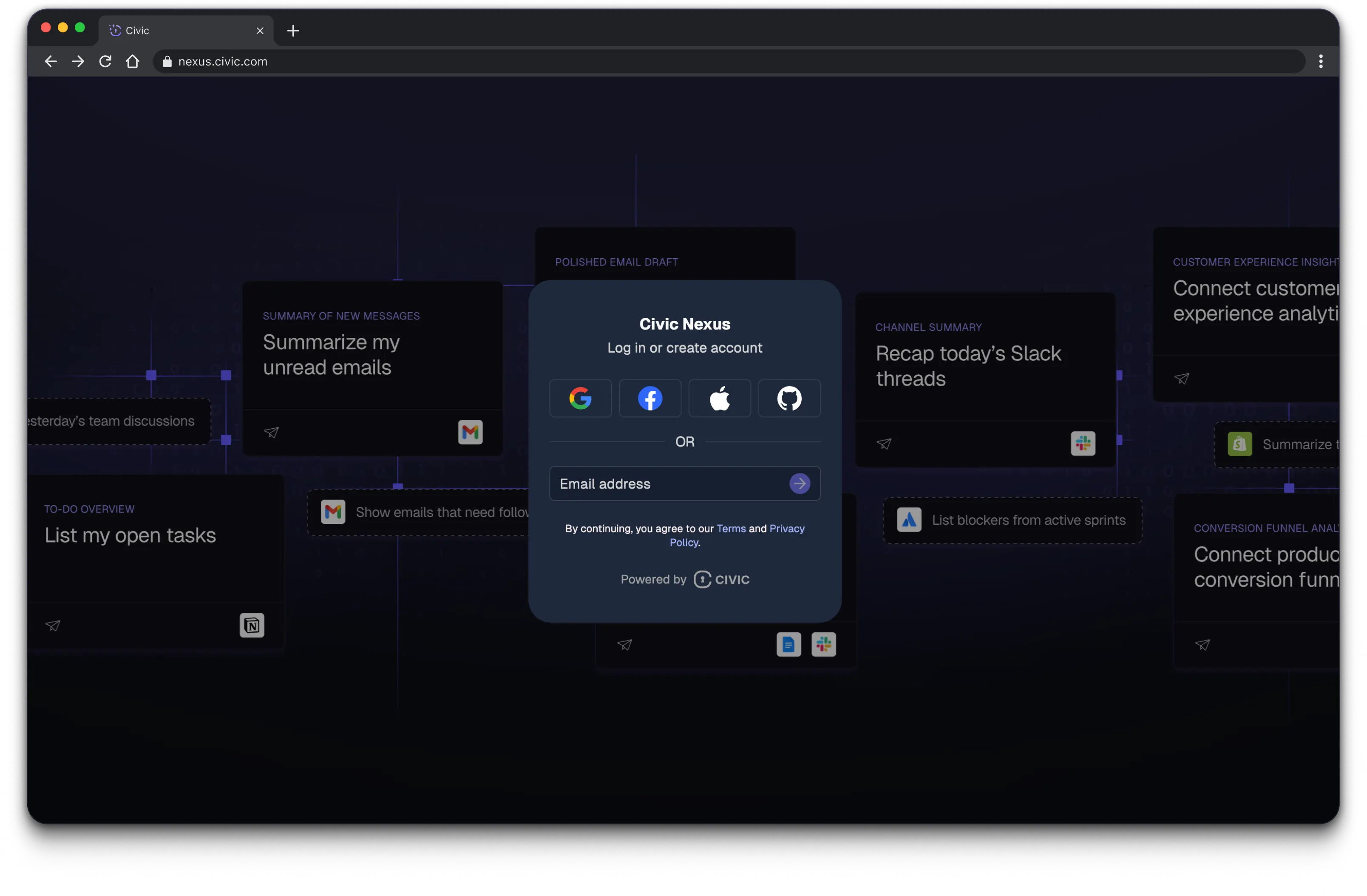 Screenshot of the Civic account creation page
