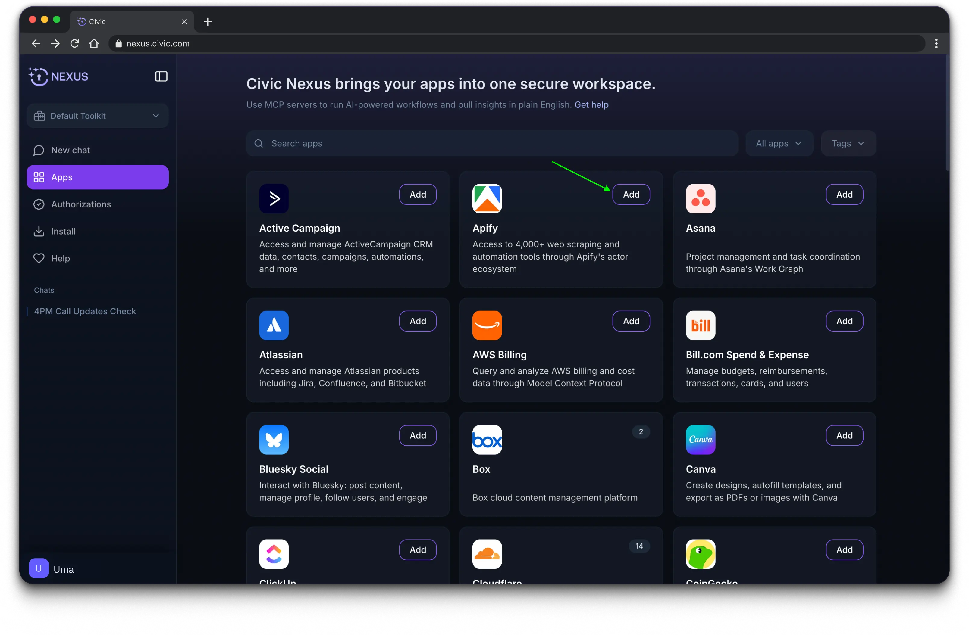 Screenshot of the Apps page for connecting tools