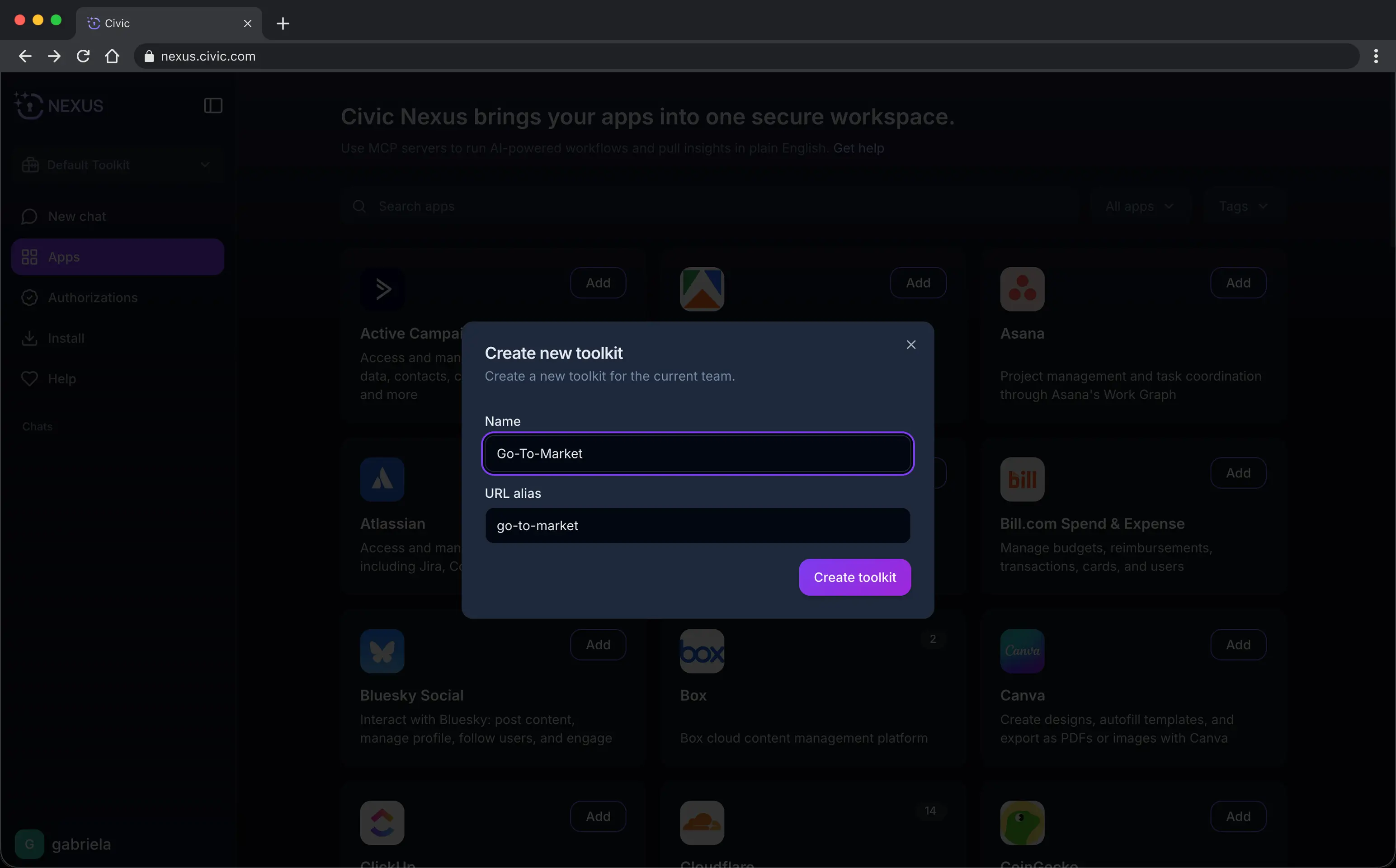 Screenshot of the toolkit naming dialog