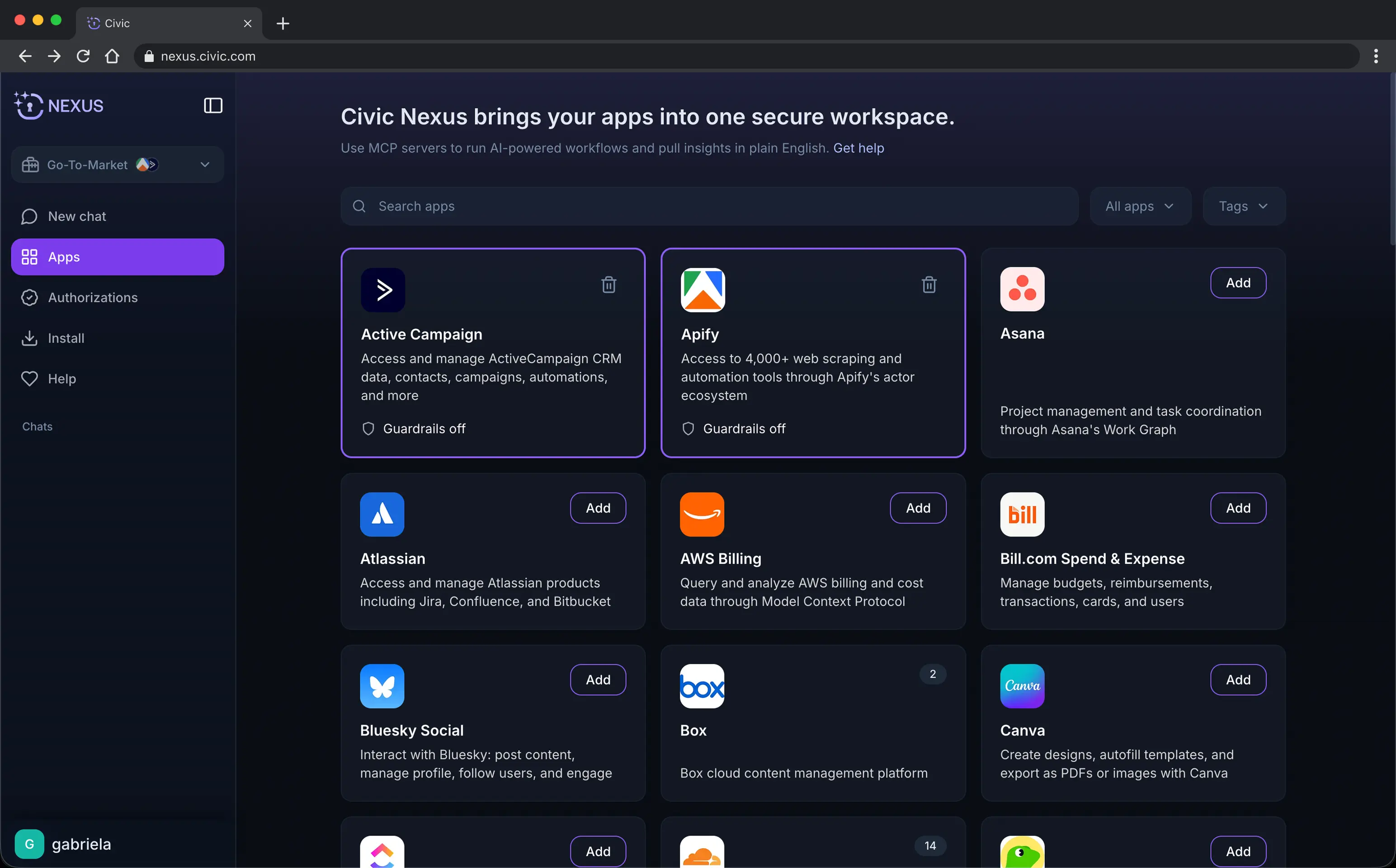 Screenshot of the Apps page showing connected apps in a toolkit